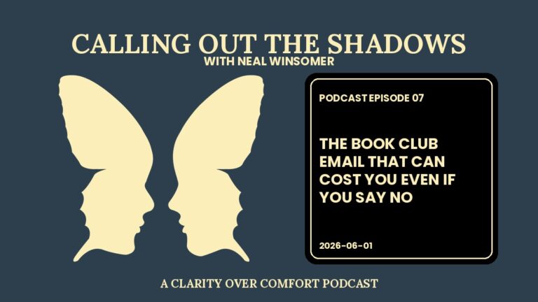 Book Club Email Scam: Calling Out the Shadows podcast Episode 07 cover, steel slate navy with a cream butterfly formed by two faces in profile.