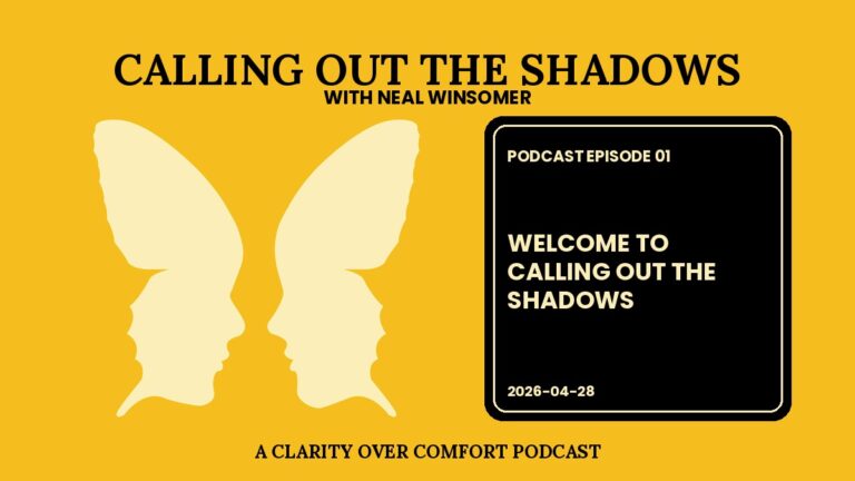 Calling Out the Shadows podcast Episode 01 cover, gold background with a cream butterfly formed by two faces in profile.