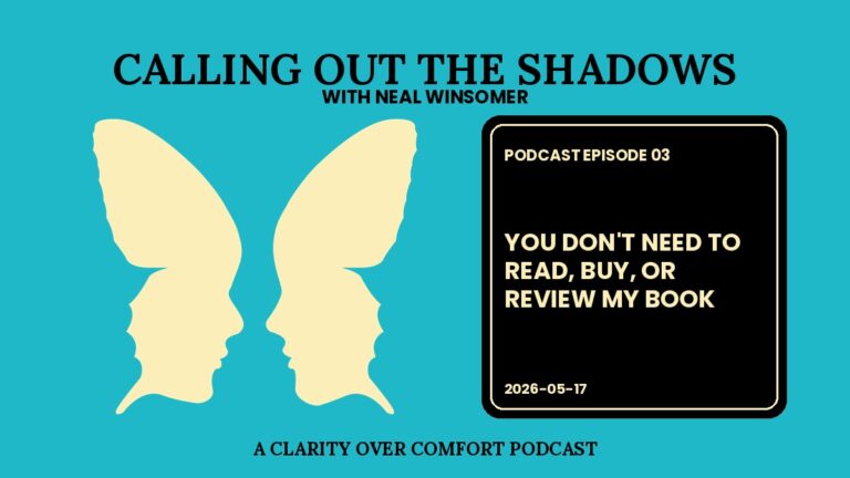 Calling Out the Shadows podcast Episode 03 cover, cyan background with a cream butterfly formed by two faces in profile.