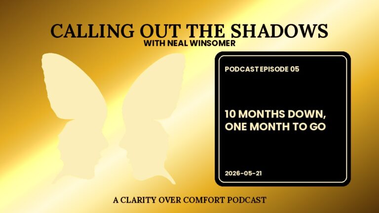 Calling Out the Shadows podcast cover, Episode 05: 10 Months Down One Month to Go, shiny metallic gold