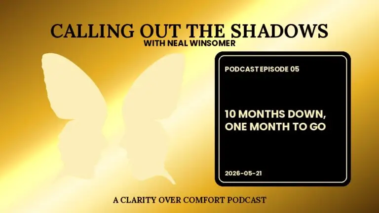 Calling Out the Shadows podcast cover, Episode 05: 10 Months Down One Month to Go, shiny metallic gold