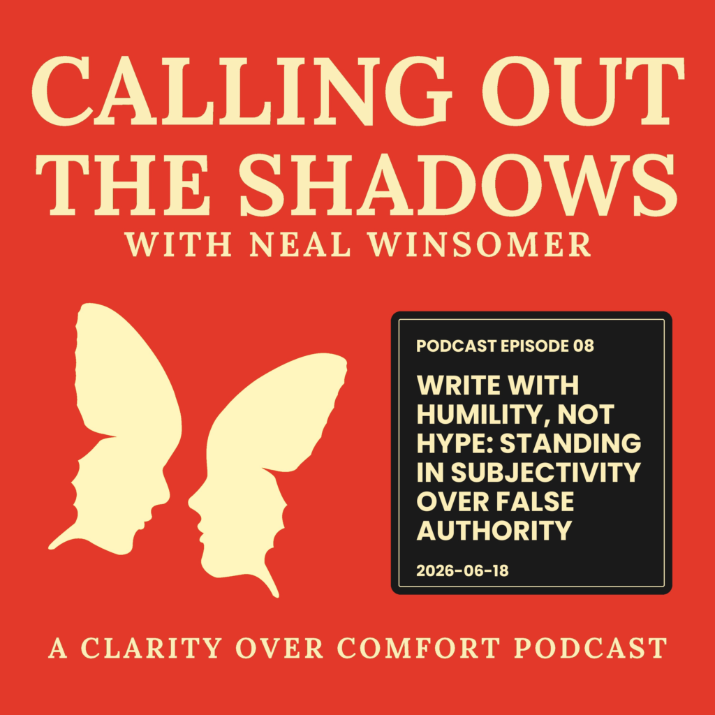 Write With Humility, Not Hype: Calling Out the Shadows podcast Episode 08 cover, scarlet background with a cream butterfly formed by two faces in profile.
