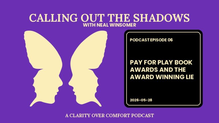 Pay for Play Book Awards: Calling Out the Shadows podcast Episode 06 cover, royal purple with a cream butterfly formed by two faces in profile.