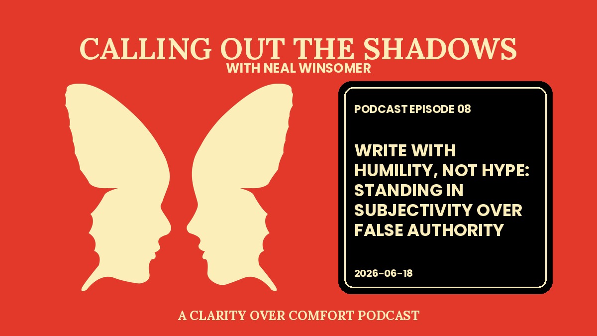 Write With Humility: Calling Out the Shadows podcast Episode 08 cover, scarlet red with a cream butterfly formed by two faces in profile.