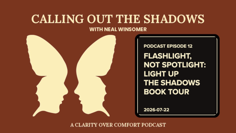 Calling Out the Shadows, Episode 12, Flashlight, Not Spotlight, the Light Up the Shadows book tour, with Neal Winsomer. Cream two-face butterfly on a terracotta background.