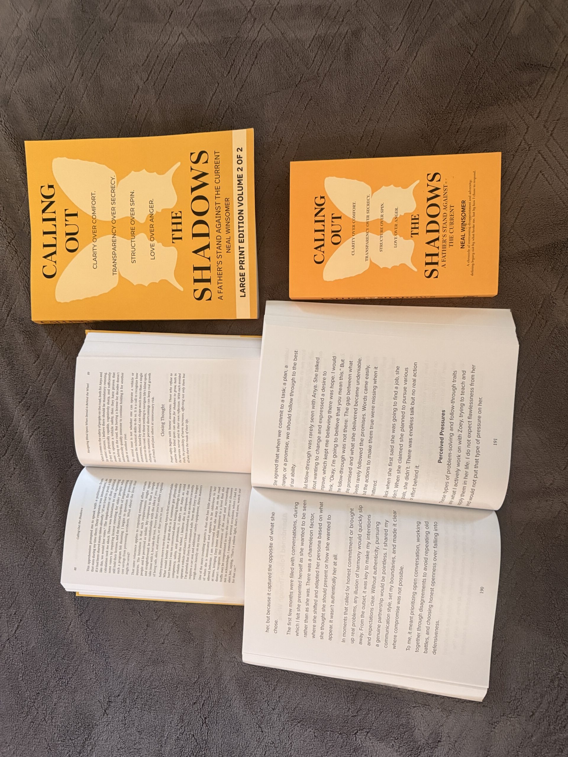 Calling Out the Shadows large print editions compared with the standard edition, both books open side by side, showing the larger 18-point type of the large print edition next to standard type.