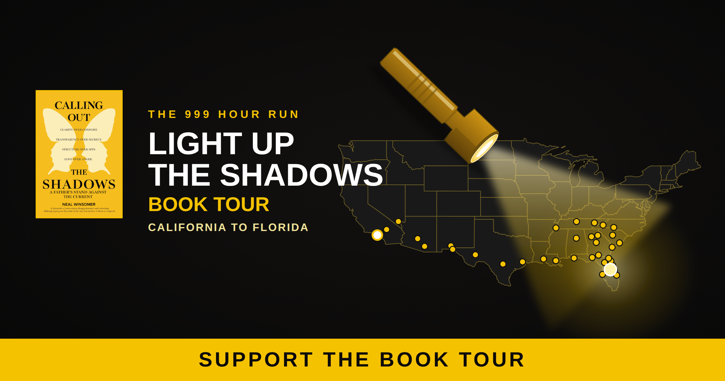 Support the Light Up the Shadows Book Tour — route map from California to Florida with the tour stats