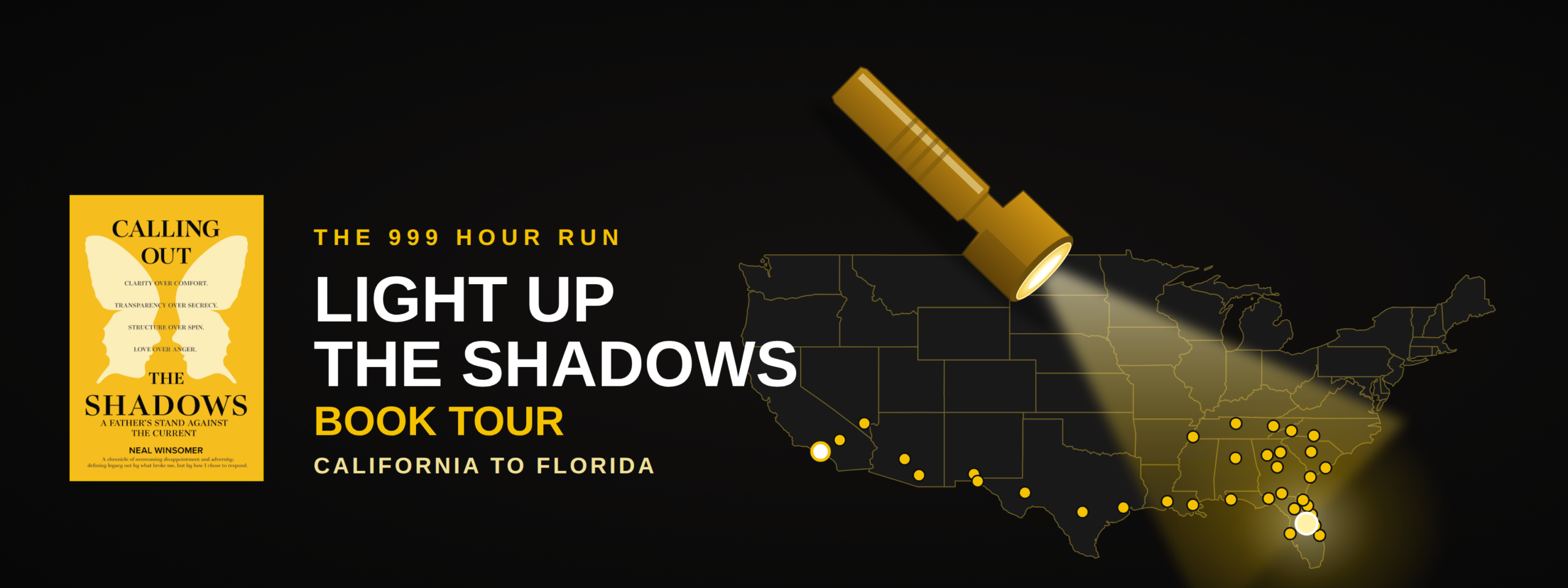The Light Up the Shadows Book Tour route map, California to Florida, with a flashlight lighting each of the 35 tour cities