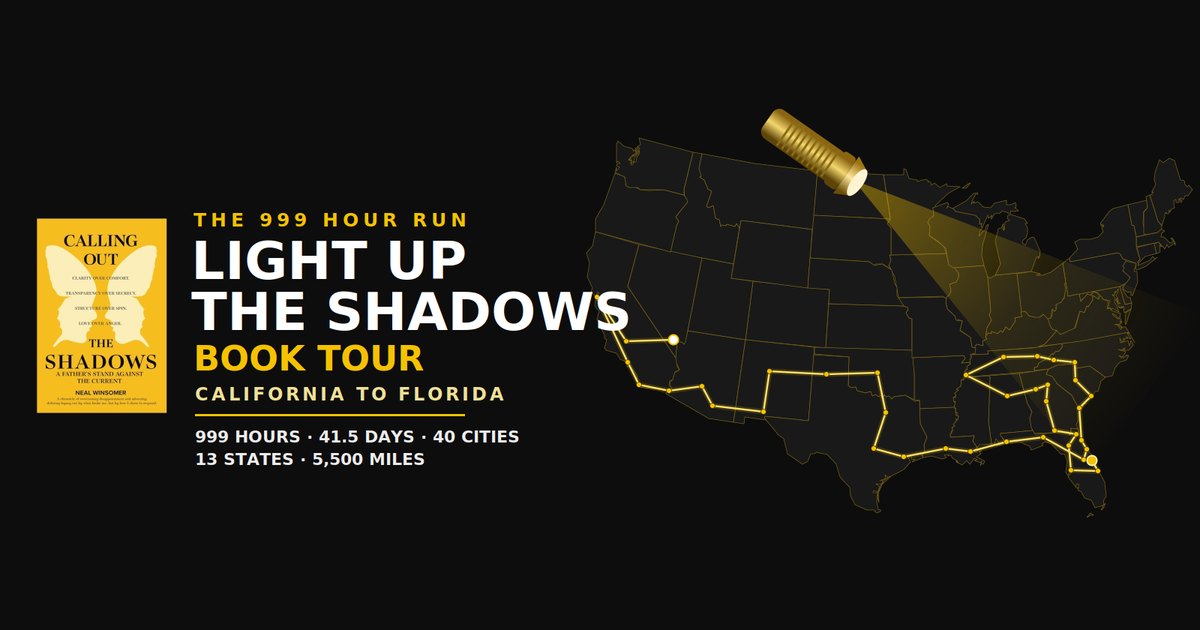 Light Up the Shadows Book Tour route map from Las Vegas to Florida: 999 hours, 41.5 days, 40+ cities, 14 states, 6,094 miles on the first leg