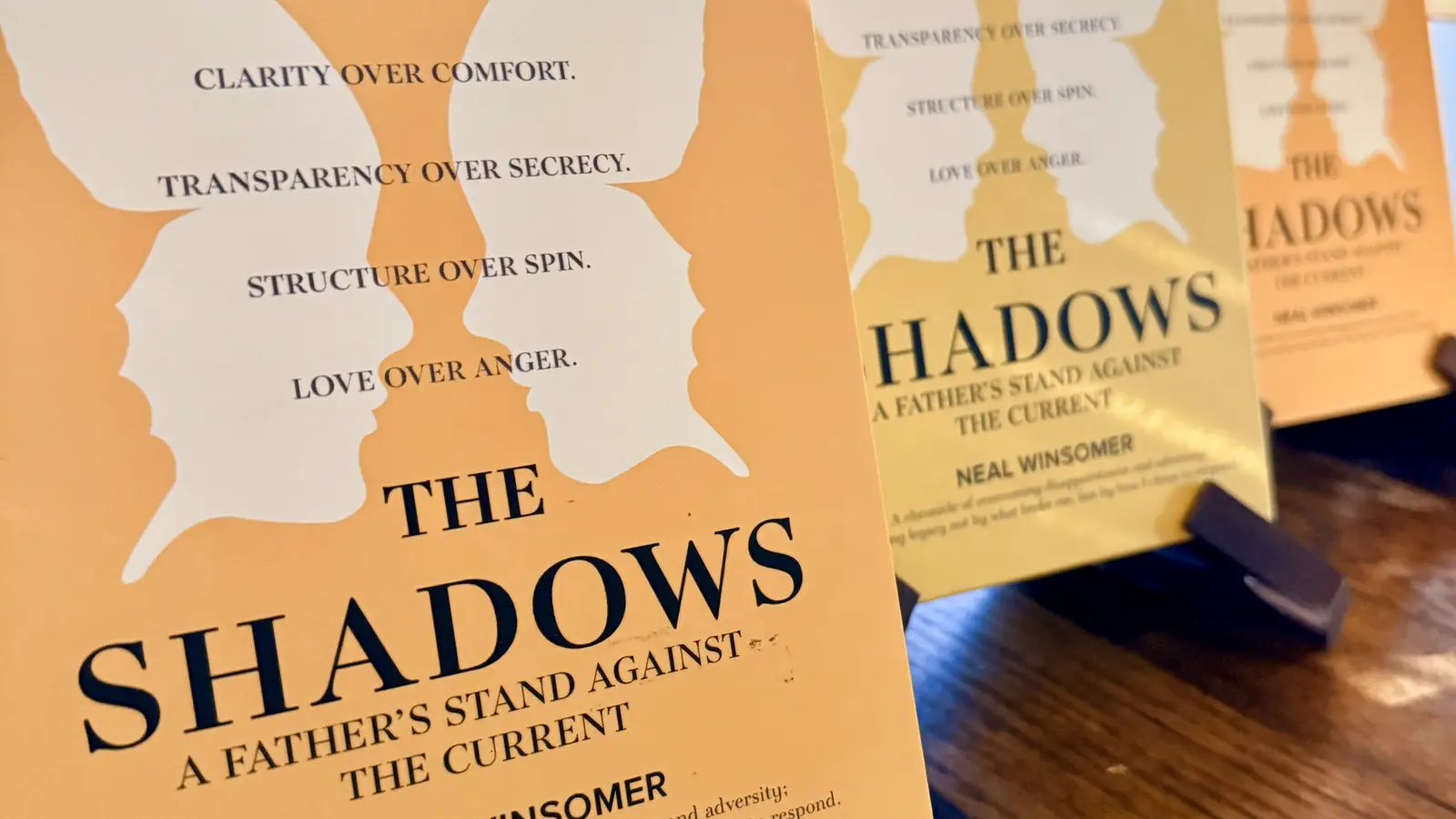 Calling Out the Shadows by Neal Winsomer displayed on three stands in warm window light